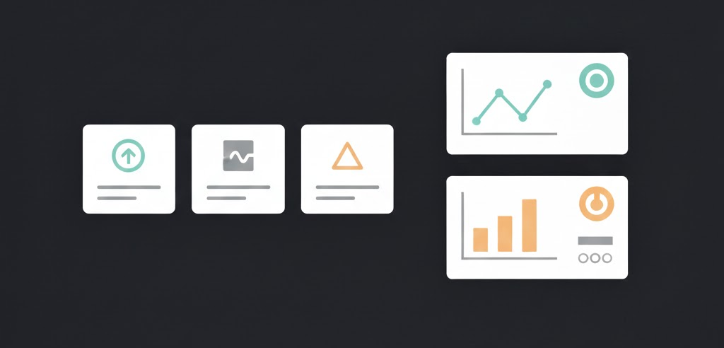 Ilustração de um dashboard com métricas de analytics e redes sociais.
