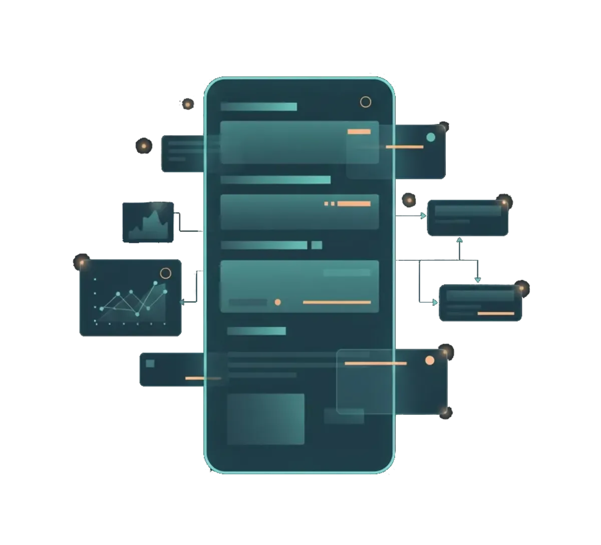 Ilustração de um painel de website limpo com analytics e blocos de workflow.