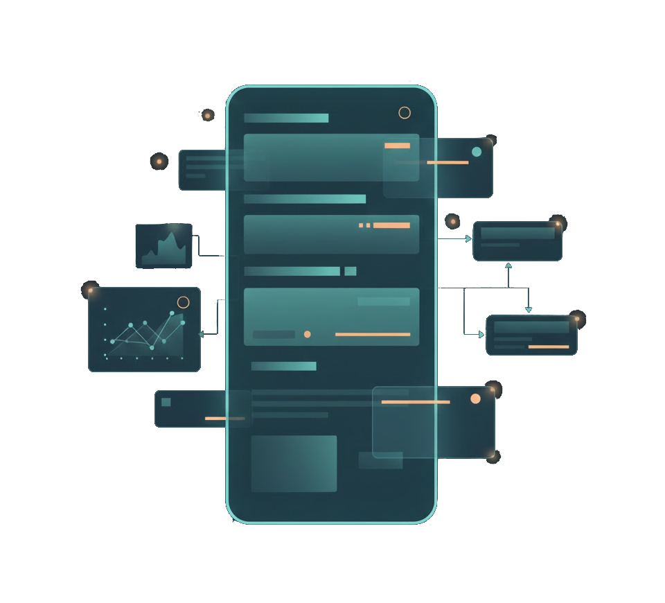 Ilustração de um painel de website limpo com analytics e blocos de workflow.
