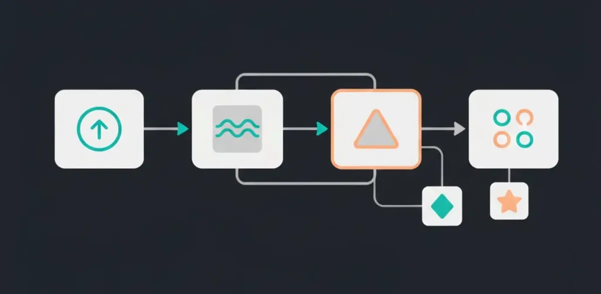 Ilustração de um workflow digital com blocos ligados por linhas.